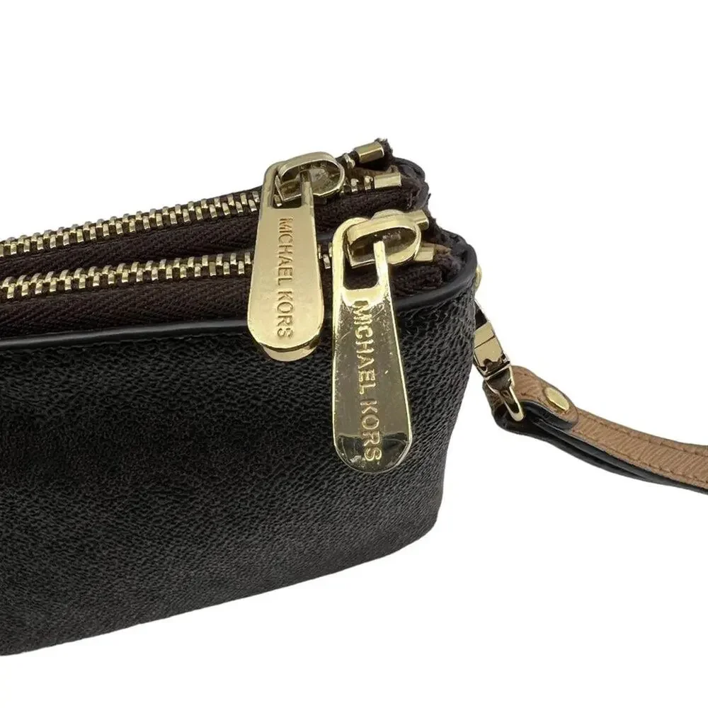 Michael Kors Double Zip Wristlet Leather Brown Tan